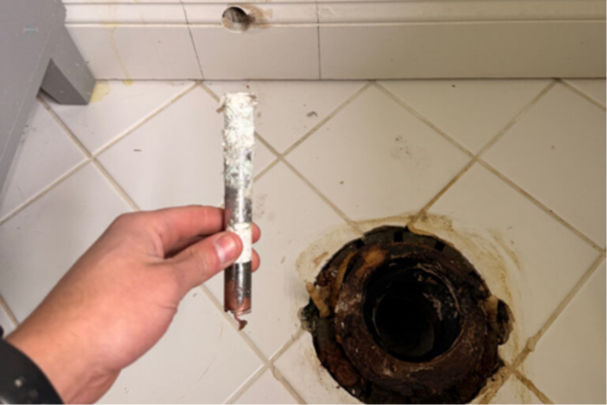 A hand holding a heavily corroded metal pipe nipple next to an old, rusted toilet flange on a tiled bathroom floor.