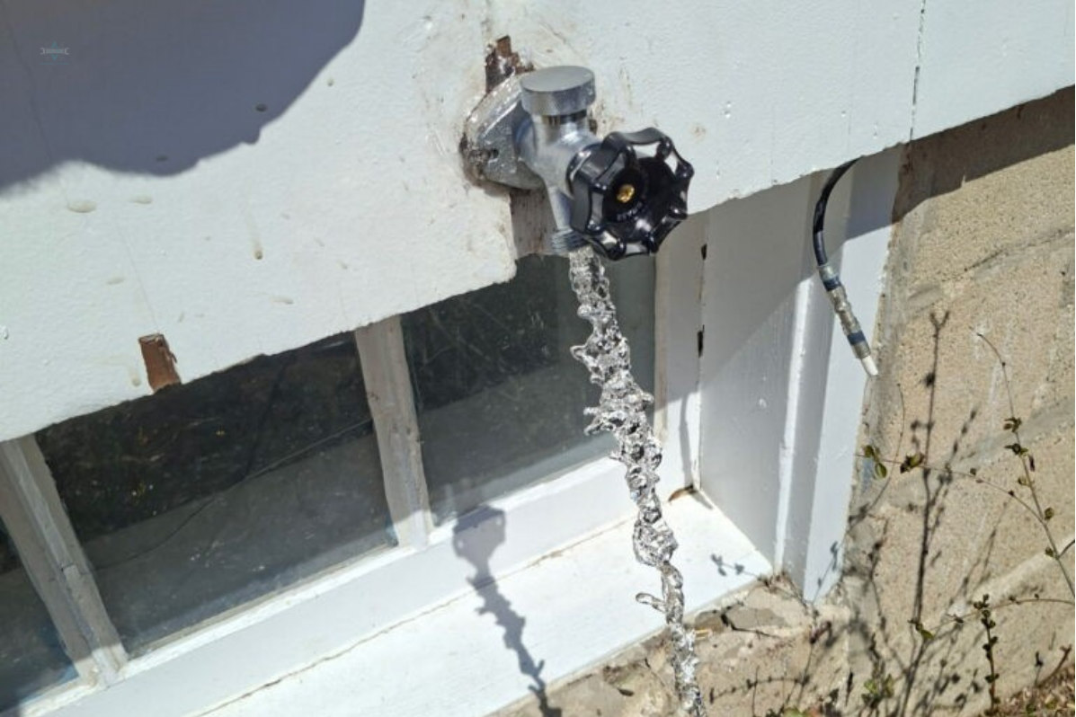 Water spraying out from a leaky outdoor spigot hose bibb faucet mounted on a house foundation wall.