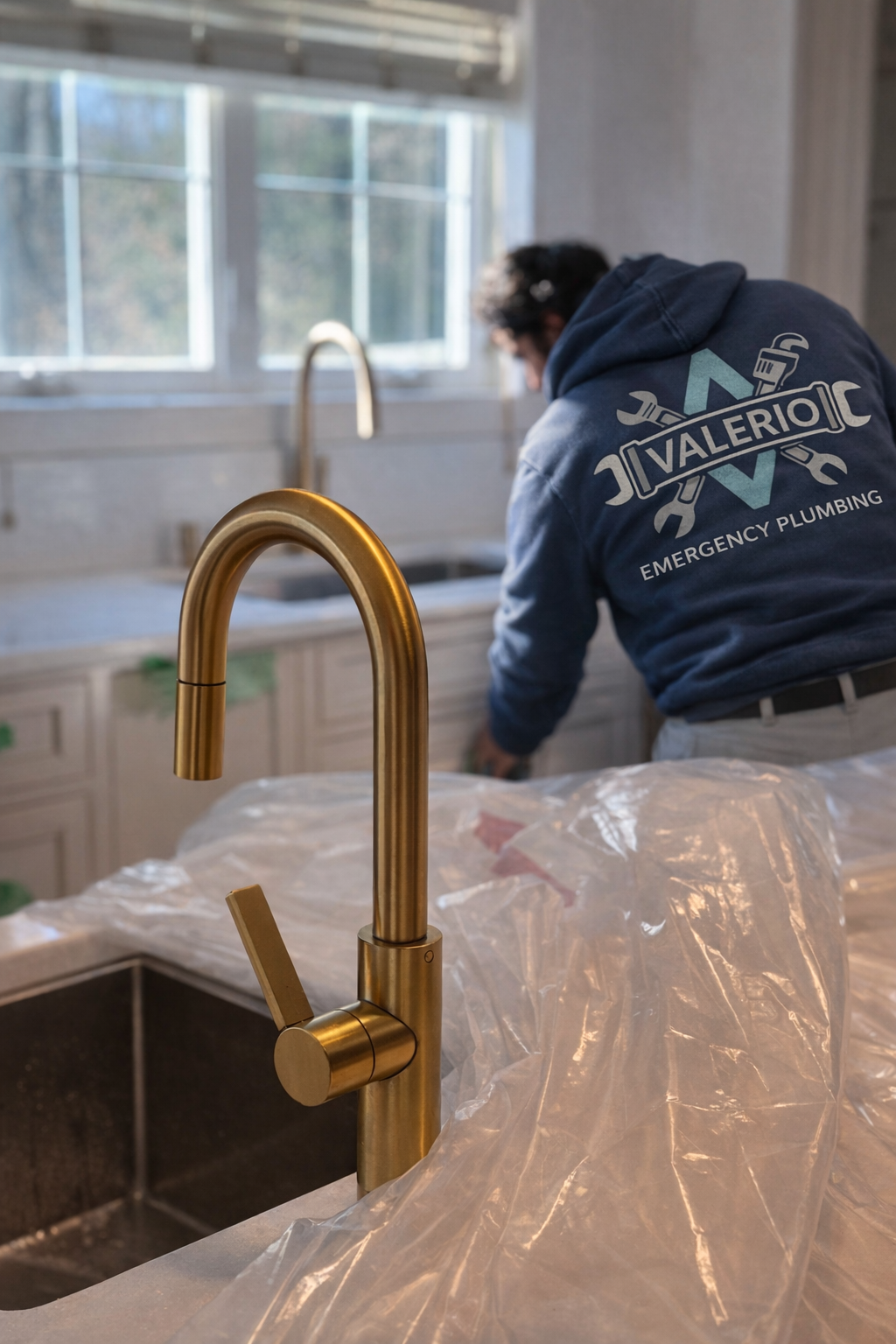 Close-up of a modern matte gold kitchen faucet installed on a stainless steel sink; in the background, a Valerio Plumbing technician wearing a blue company hoodie works on the fixtures under a bright window.