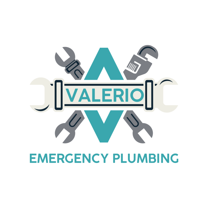 Official logo for Valerio Emergency Plumbing; featuring a stylized turquoise letter 'V' surrounded by four crossed plumbing tools (wrenches and pipe wrenches), with the company name in modern white and turquoise lettering on a transparent background.