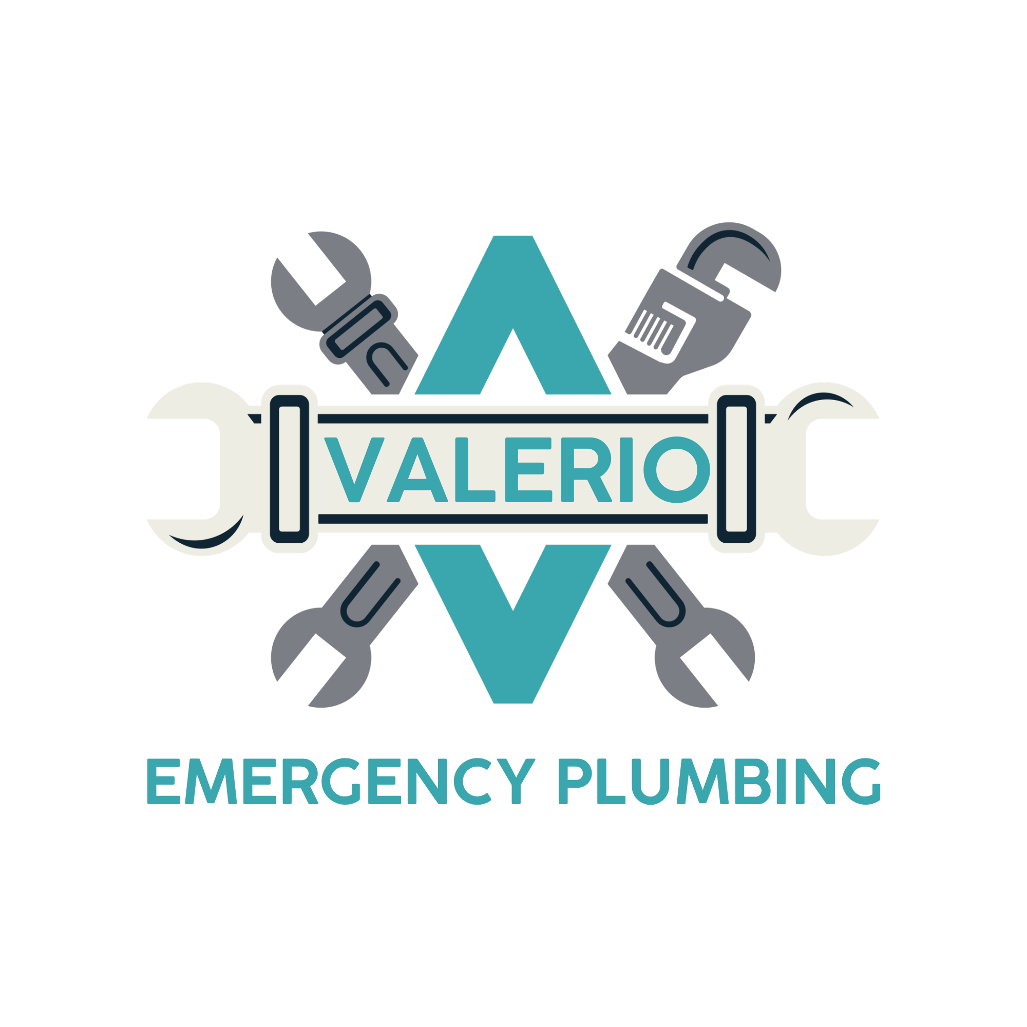 Official logo for Valerio Emergency Plumbing; featuring a stylized turquoise letter 'V' surrounded by four crossed plumbing tools (wrenches and pipe wrenches), with the company name in modern white and turquoise lettering on a transparent background.
