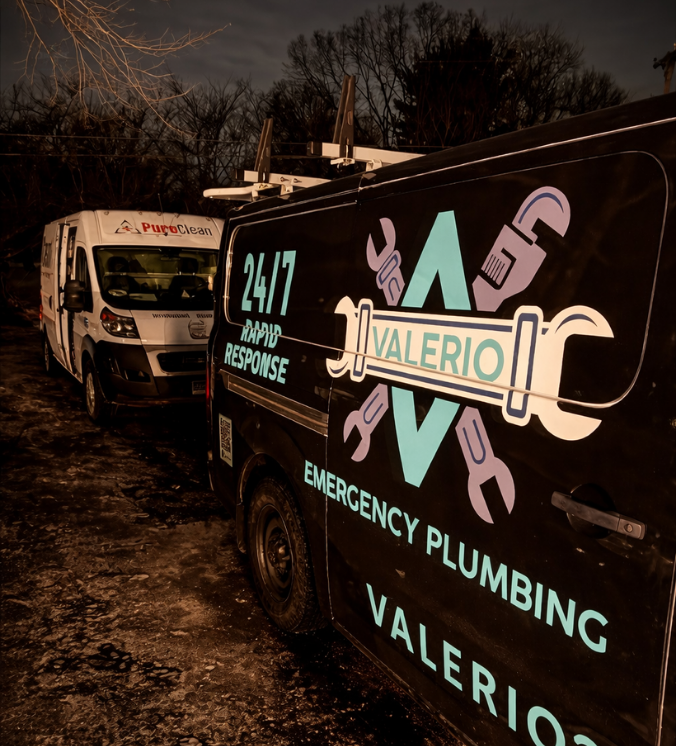 Two service vans parked at night; the foreground features a black van with the Valerio Emergency Plumbing logo and '24/7 Rapid Response' text, followed by a white Pure Clean van in the background.
