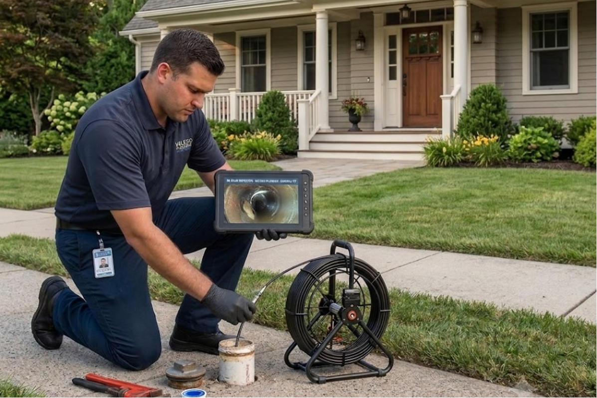 A plumber is inspecting a pipe with a camera, showing a view of the pipe interior on a monitor in front of a house.