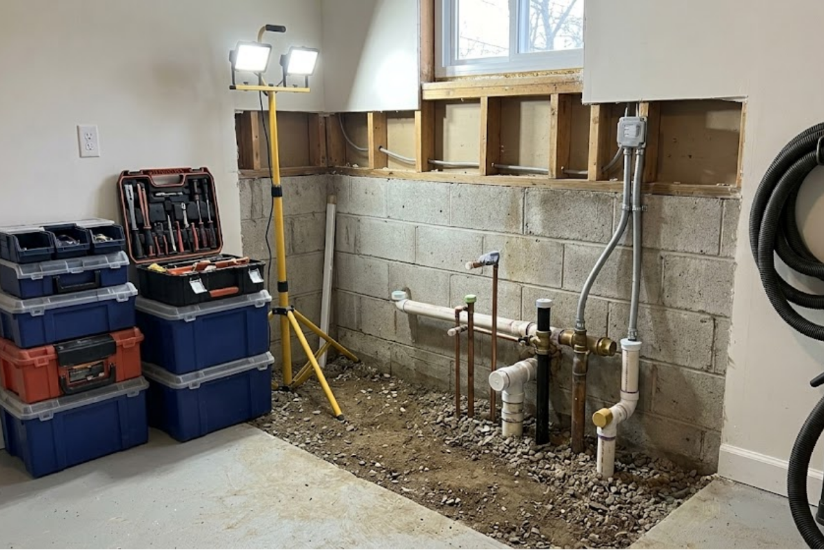 A construction site in a basement shows exposed plumbing, electrical work, a work light, and stacked toolboxes.