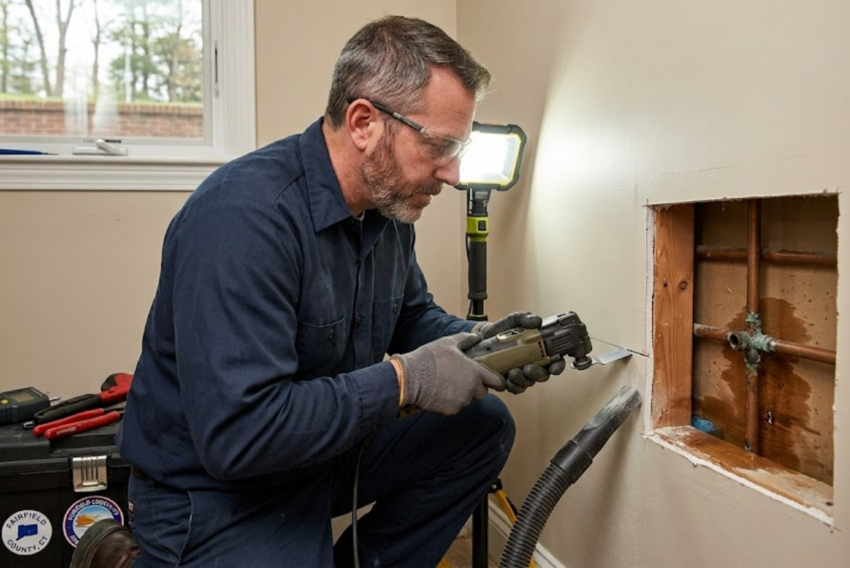 A technician uses a tool to cut into a wall exposing copper pipes.