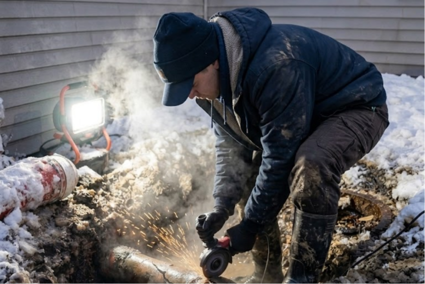 A close-up view of a Valerio Plumbing services technician, wearing a dark beanie and work clothes, crouching in a muddy and steamy trench to cut a metal pipe with an angle grinder, creating a shower of sparks. A bright portable work light illuminates the scene.