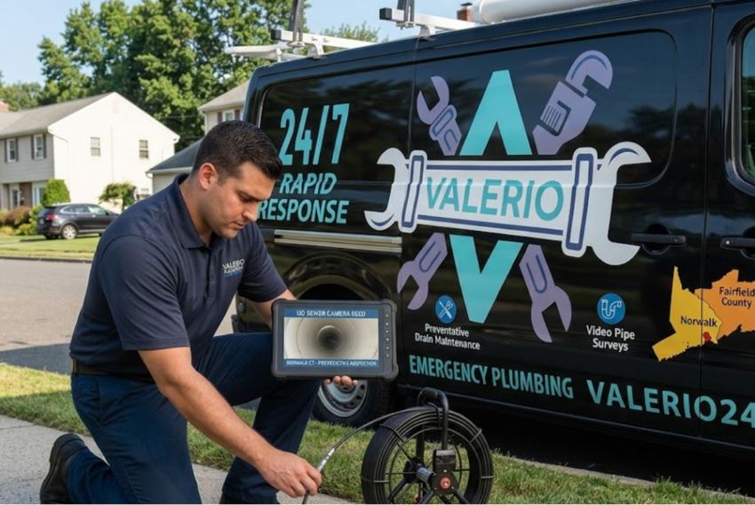 A technician from Valerio Plumbing Services performing an HD sewer camera inspection with his service van in Norwalk, CT