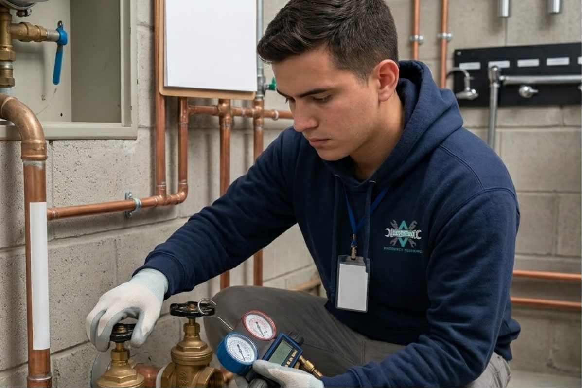 A plumber uses a digital manifold gauge to inspect pipes and valves