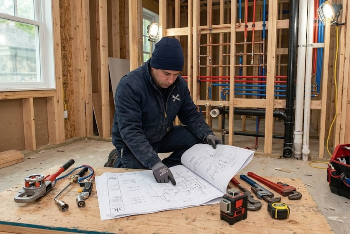 A plumber reviews blueprints on a residential construction site with exposed framing and visible plumbing rough-in.