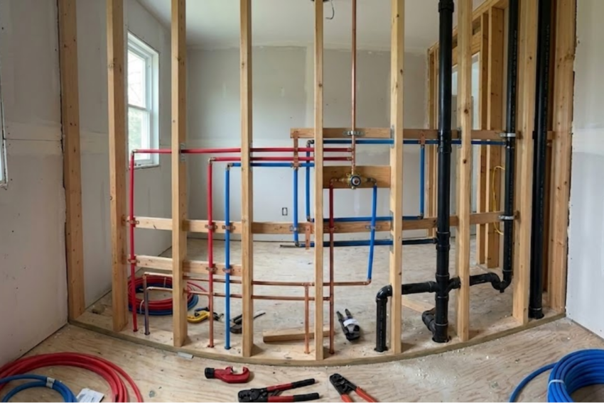 Intricate residential bathroom rough-in with red, blue, and black plumbing on exposed wooden studs.