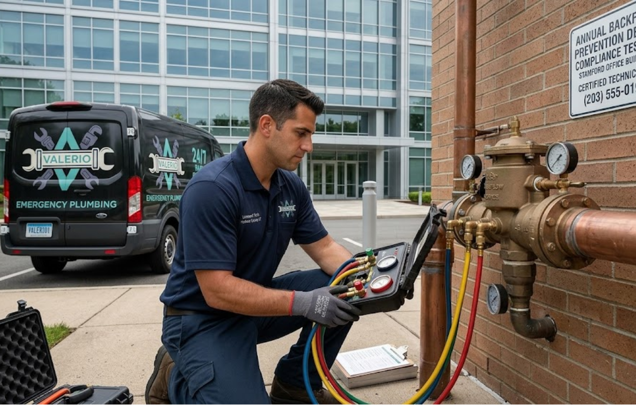 A Valerio Plumbing technician kneels outside an office building, performing annual compliance testing on a backflow preventer device with specialized gauge equipment.