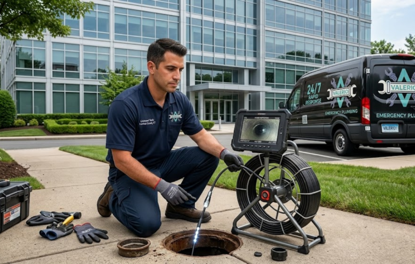 A Valerio Plumbing technician operates a sewer camera inspection system with a monitor display, directing the illuminated camera head into a ground access point outside an office building.