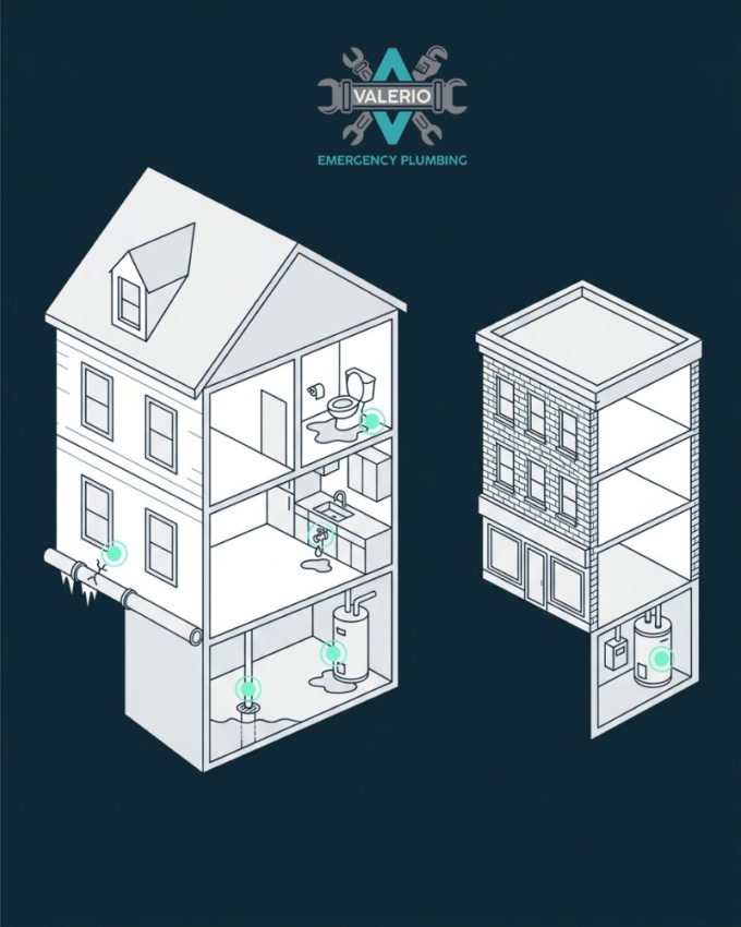 Illustration of a home and commercial building showing common plumbing emergencies: frozen pipe, leaks, toilet overflow, sewer backup, water heater failure