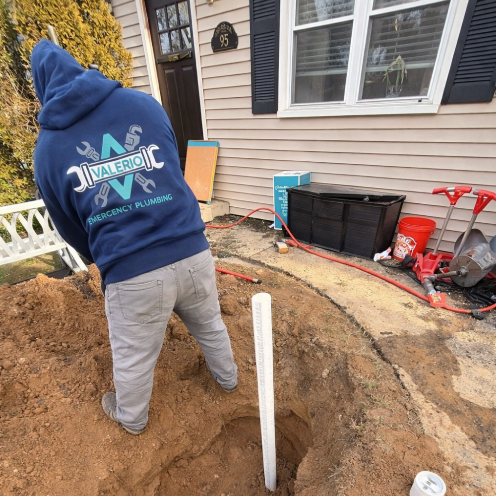 Valerio Emergency Plumbing technician digging a trench for exterior main line pipe repair