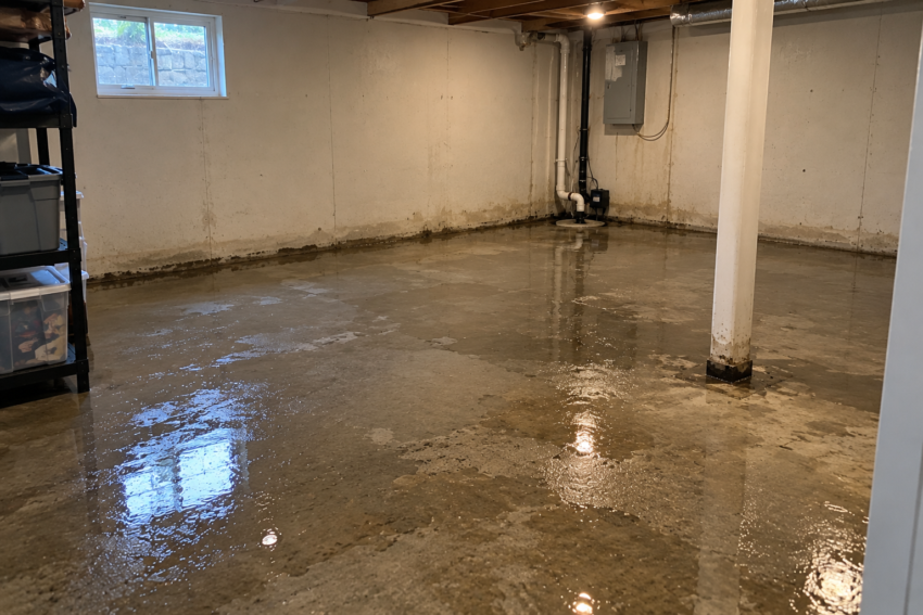 Residential basement with standing water across the concrete floor and a dirty water line along the base of the walls after flooding.