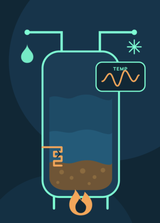 Illustration of a water heater with sediment buildup and a fluctuating temperature gauge, showing sign 5: inconsistent hot water