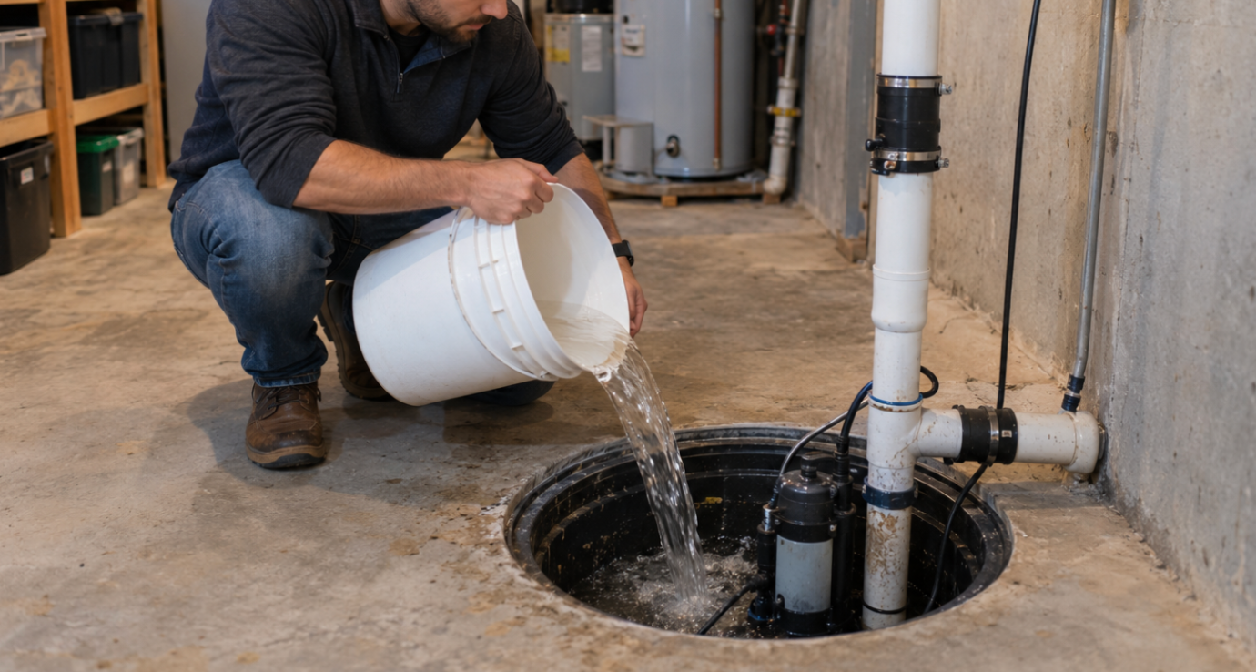 Homeowner pouring a bucket of water into a basement sump pit to test whether the sump pump activates and drains properly.